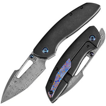 Kansept Link Folding Knife Blackwash Titanium Timascus Clip Handle Damascus Plain Edge K1068A4
