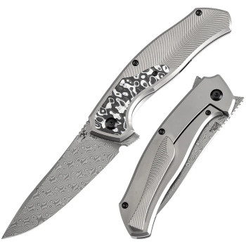 Kansept Havorn Folding Knife Titanium/Black White Carbon Fiber Handle Damascus Plain Edge K1069A1