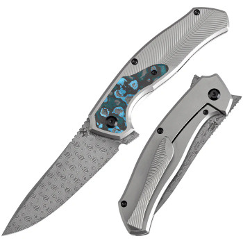Kansept Havorn Folding Knife Arctic Storm Fat Carbon Fiber Handle Damascus Clip Point Plain Edge K1069A3