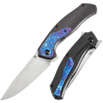 Kansept Havorn Folding Knife Blackwash Titanium Timascus Handle S35VN Clip Point Plain Edge K1069A5