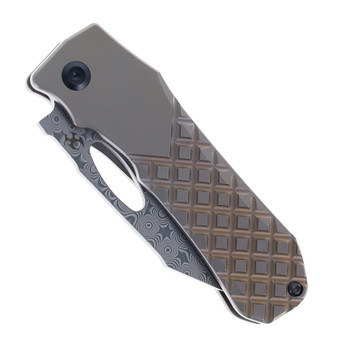 Kansept Loki Folding Knife Bronze Frag Titanium Handle Damascus Drop Point Plain Edge Black Stonewash Finish K1058B5