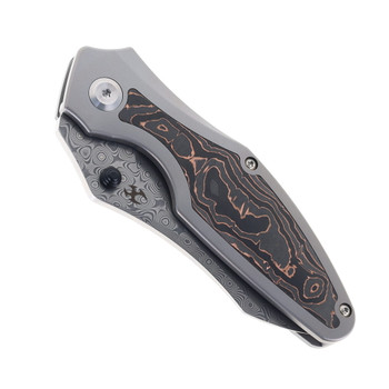 Kansept Baba Yaga Folding Knife Bead Blast Titanium/Copper Carbon Fiber Handle Damascus Plain Edge K1074C2