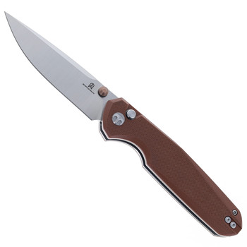 Bestechman Velix Button Lock Folding Knife Brown G10 Handle 14C28N Plain Edge Stonewash/Satin Finish BMK07B