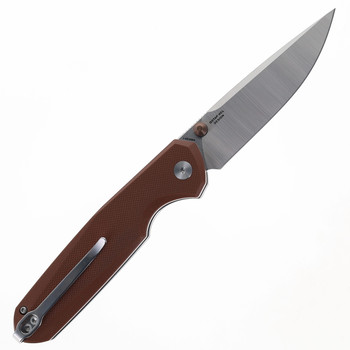 Bestechman Velix Button Lock Folding Knife Brown G10 Handle 14C28N Plain Edge Stonewash/Satin Finish BMK07B