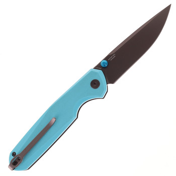 Bestechman Velix Button Lock Folding Knife Light Blue G10 Handle 14C28N Plain Edge Grey PVD Finish BMK07D