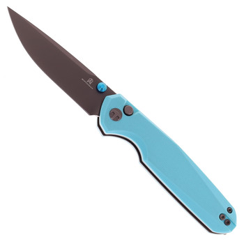 Bestechman Velix Button Lock Folding Knife Light Blue G10 Handle 14C28N Plain Edge Grey PVD Finish BMK07D