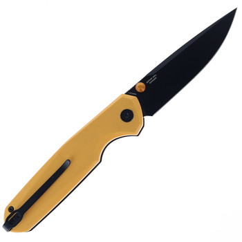Bestechman Velix Button Lock Folding Knife Yellow G10 Handle 14C28N Plain Edge Black PVD Finish BMK07E