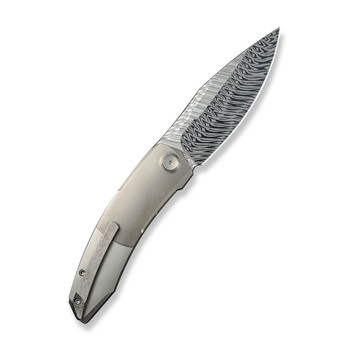 WE Sine Wave Folding Knife Polished Bead Blast/Satin Titanium Handle Fafnir Damasteel Plain Edge WE23069B-DS1