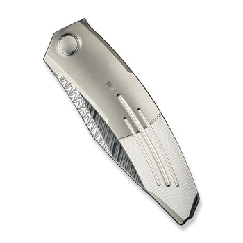 WE Sine Wave Folding Knife Polished Bead Blast/Satin Titanium Handle Fafnir Damasteel Plain Edge WE23069B-DS1