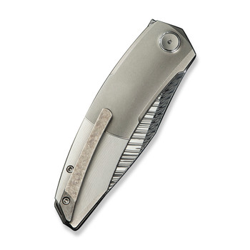 WE Sine Wave Folding Knife Polished Bead Blast/Satin Titanium Handle Fafnir Damasteel Plain Edge WE23069B-DS1