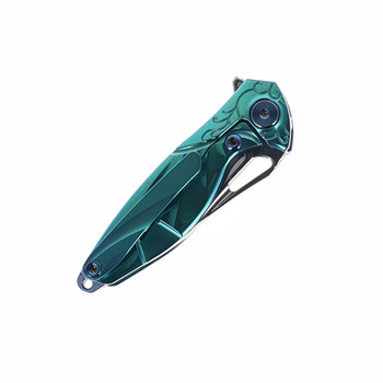 Rike Mini Hummingbird Folding Knife Green Titanium Handle Rose Damascus Plain Edge