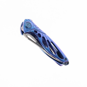Rike Mini Hummingbird Folding Knife Blue Titanium Handle Rose Damascus Plain Edge