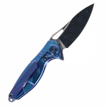 Rike Mini Hummingbird Folding Knife Blue Titanium Handle Rose Damascus Plain Edge
