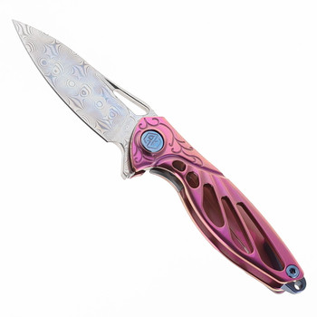 Rike Mini Hummingbird Folding Knife Pink Titanium Handle Rose Damascus Plain Edge