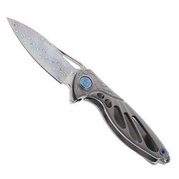 Rike Mini Hummingbird Folding Knife Gray Titanium Handle Rose Damascus Plain Edge