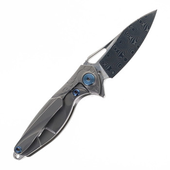 Rike Mini Hummingbird Folding Knife Gray Titanium Handle Rose Damascus Plain Edge