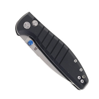 Bestechman Goodboy Jr Button Lock Folding Knife Black G10 Handle D2 Plain Edge Stonewash/Satin Finish BMK10A