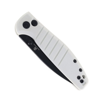 Bestechman Goodboy Jr Button Lock Folding Knife White G10 Handle D2 Plain Edge Black PVD Finish BMK10I