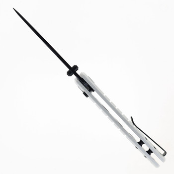 Bestechman Goodboy Jr Button Lock Folding Knife White G10 Handle D2 Plain Edge Black PVD Finish BMK10I