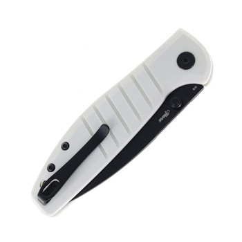 Bestechman Goodboy Jr Button Lock Folding Knife White G10 Handle D2 Plain Edge Black PVD Finish BMK10I
