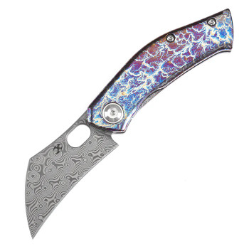 Kansept Osprey Folding Knife Lightning Strike Titanium Handle Damascus Wharncliffe Plain Edge Satin Finish K2087A2