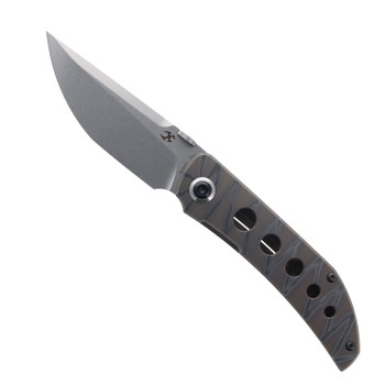 Kansept Tarkin Folding Knife Tiger Stripe Flamed Titanium With Holes Handle 20CV Plain Edge Stonewash Finish K1078A6