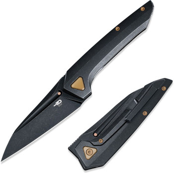 Modern pocket knife featuring a dark metal handle and compact profile