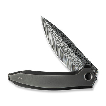 WE Acuminal Folding Knife Polished Gray Titanium Handle Damasteel Plain Edge  WE23070-DS1