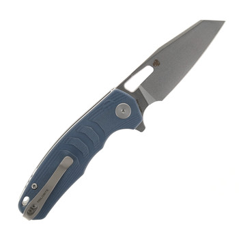 Petrified Fish Trilobite Button Lock Foliding Knife Blue Micarta Handle 14C28N Plain Edge PF-E17BW