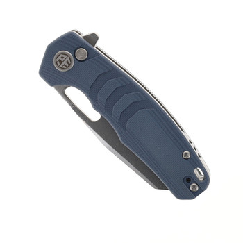 Petrified Fish Trilobite Button Lock Foliding Knife Blue Micarta Handle 14C28N Plain Edge PF-E17BW