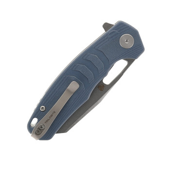 Petrified Fish Trilobite Button Lock Foliding Knife Blue Micarta Handle 14C28N Plain Edge PF-E17BW