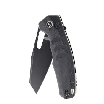 Petrified Fish Trilobite Button Lock Foliding Knife Black Micarta Handle Plain Black Blade PF-E17DDW