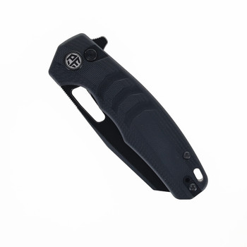Petrified Fish Trilobite Button Lock Foliding Knife Black Micarta Handle Plain Black Blade PF-E17DDW
