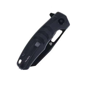 Petrified Fish Trilobite Button Lock Foliding Knife Black Micarta Handle Plain Black Blade PF-E17DDW