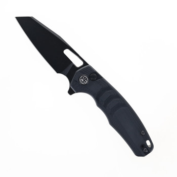 Petrified Fish Trilobite Button Lock Foliding Knife Black Micarta Handle Plain Black Blade PF-E17DDW