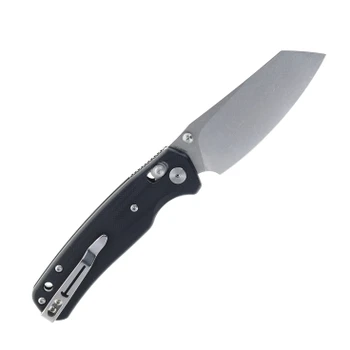 Black handled pocket knife with stonewashed blade and compact design