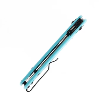 Light blue handled pocket knife with black blade and compact design