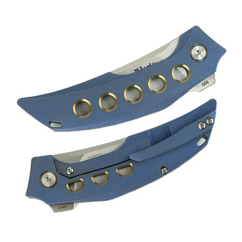 Reate Velocity Folding Knife Blue/Bronze Titanium Handle Elmax Plain Edge Belt Satin Finish