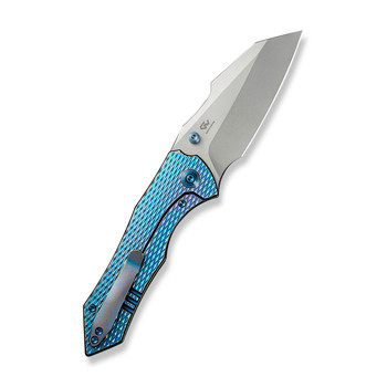 WE High-Fin XL Folding Knife Diamond Blue Titanium Handle 20CV Plain Edge Stonewash Finish WE24010-2