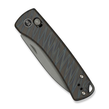 WE Nightblade Folding Knife Tiger Stripe Flamed Titanium Handle 20CV Plain Edge Gray Stonewash Finish WE22046-3