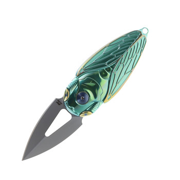 Rike Cicada Flipper Folding Knife Green/Gold Titanium Handle M390 Plain Edge