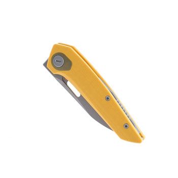 Modern pocket knife featuring bright grip scales and smooth blade finish