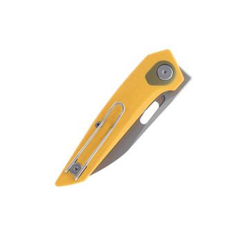 Folding utility blade with yellow handle and streamlined carry design