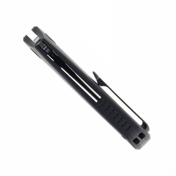 Poikilo Blade Tuna S1 Folding Knife Black Woodgrain Carbon Fiber Handle M398 Plain Edge Dark Stonewash Finish