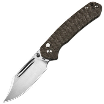 CJRB Pyrite Folding Knife Green Micarta Handle AR-SFII Bowie Plain Edge Sand Polish Finish J1942-ODG