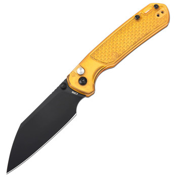 CJRB Pyrite Light Folding Knife Amber FRN Handle AR-RPM9 Wharncliffe Plain Black Blade J1945-AMB