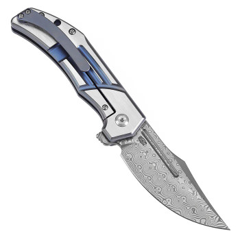 Kansept Orion Folding Knife Blue/Satin Titanium Handle Damascus Clip Point Plain Edge K1089B2
