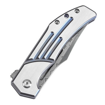 Kansept Orion Folding Knife Blue/Satin Titanium Handle Damascus Clip Point Plain Edge K1089B2