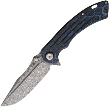 Kansept Pretatout Folding Knife Blue Rose Pattern Carbon Fiber Handle Damascus Plain Edge K1032A4