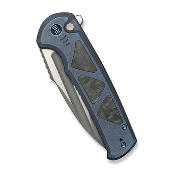 WE Sylox Folding Knife Blue Titanium Shredded Carbon Fiber Handle M390 Plain Edge WE24027-2